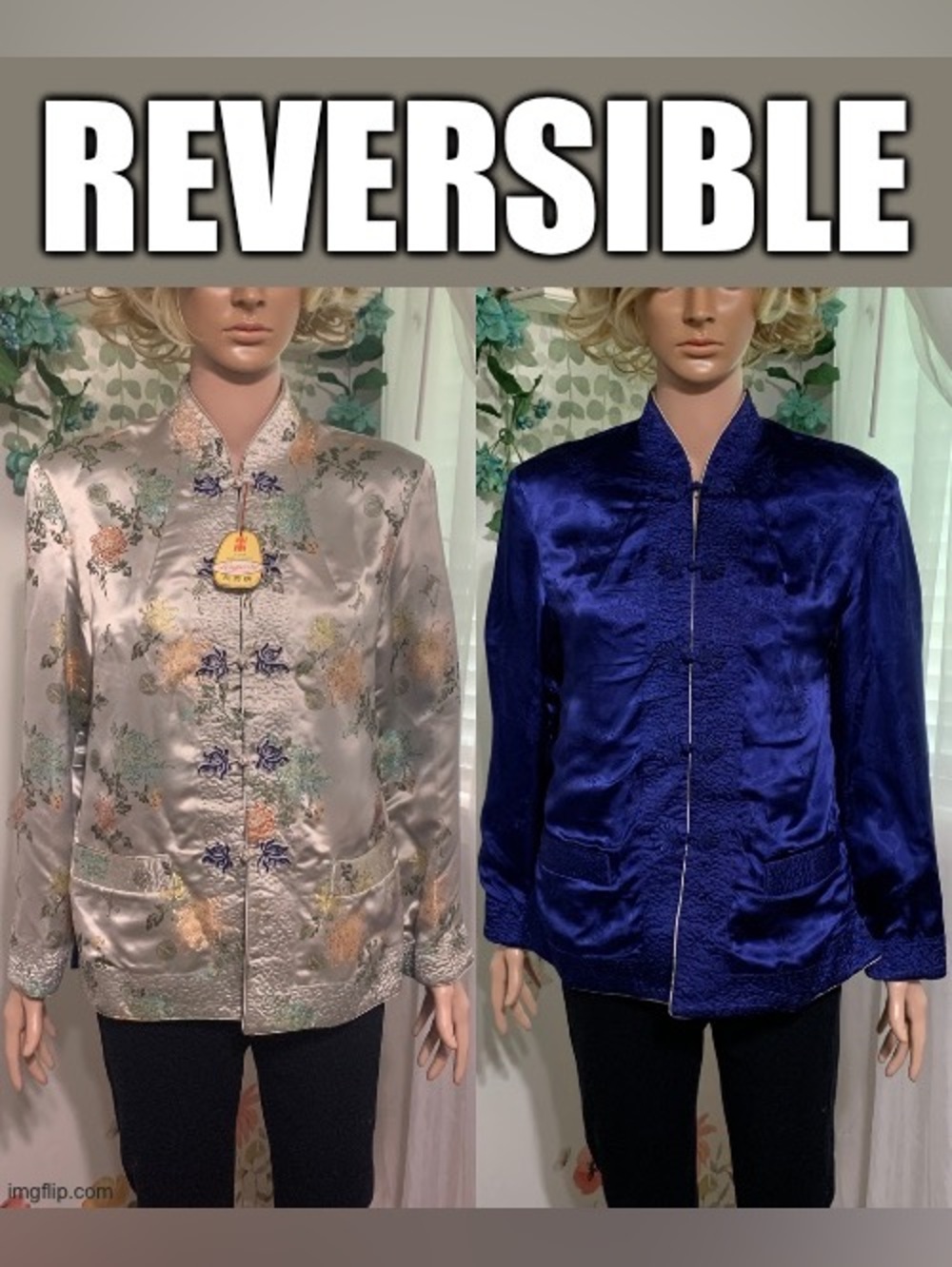 Sz L NWT Reversible Satin Mandarin Collar Jacket Silver Floral / Royal Blue